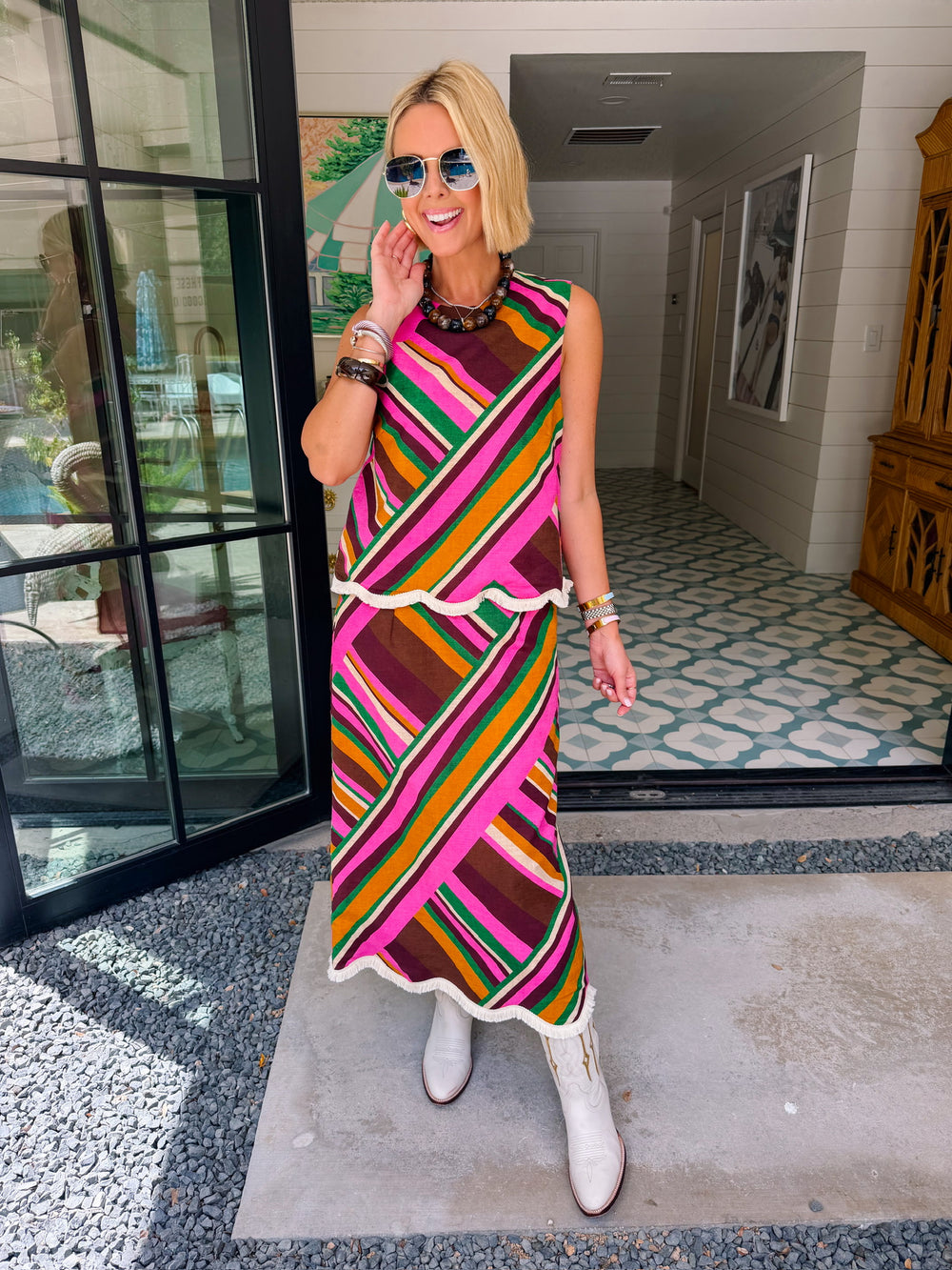 SUNDOWN SOIREE SCALLOP STRIPE FRINGE HEM MIDI SKIRT SET