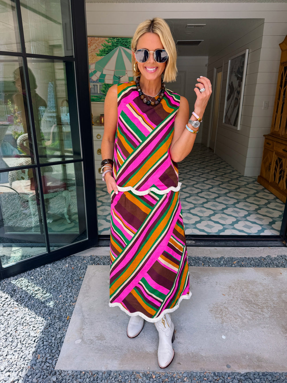 SUNDOWN SOIREE SCALLOP STRIPE FRINGE HEM MIDI SKIRT SET