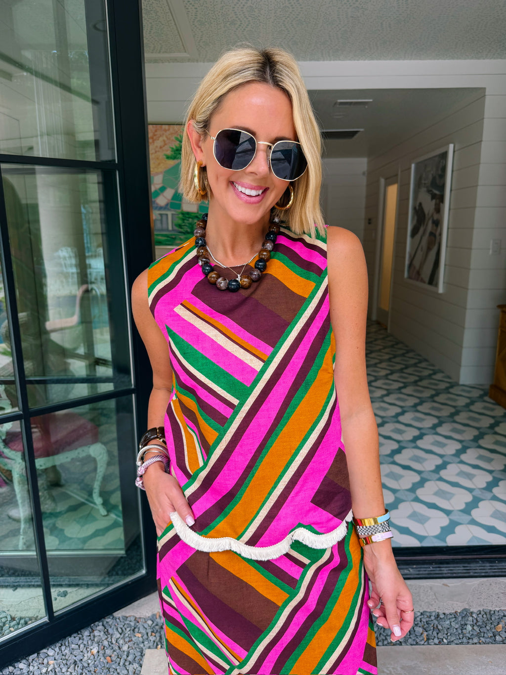 SUNDOWN SOIREE SCALLOP STRIPE FRINGE HEM MIDI SKIRT SET