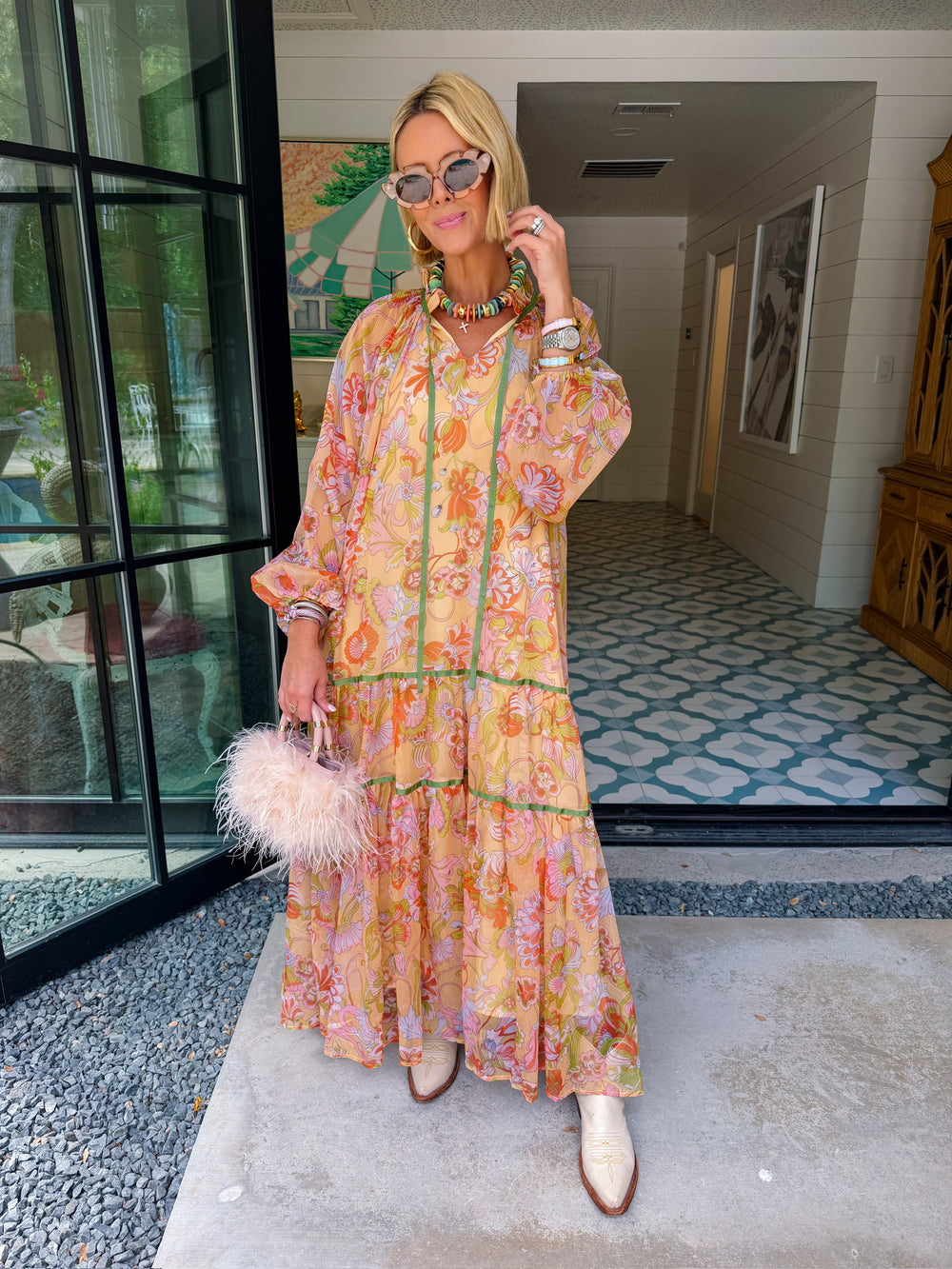 MONET'S GARDEN FLORAL SHEER MIDI DRESS