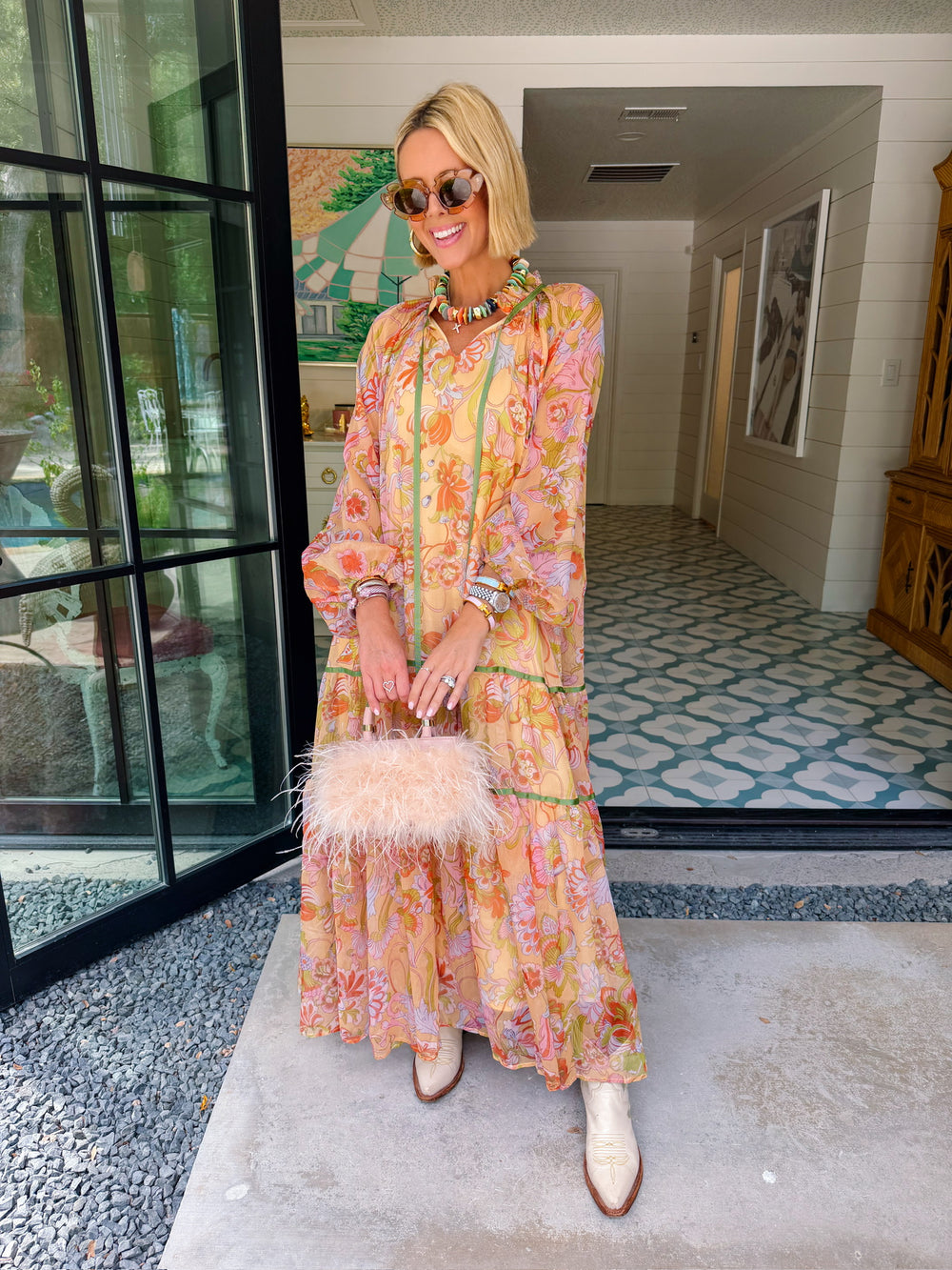 MONET'S GARDEN FLORAL SHEER MIDI DRESS