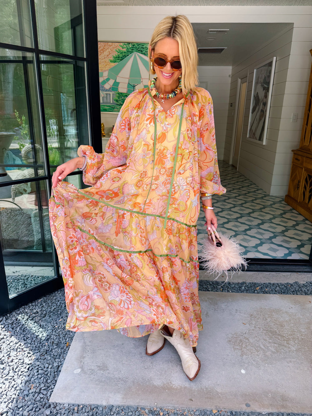 MONET'S GARDEN FLORAL SHEER MIDI DRESS
