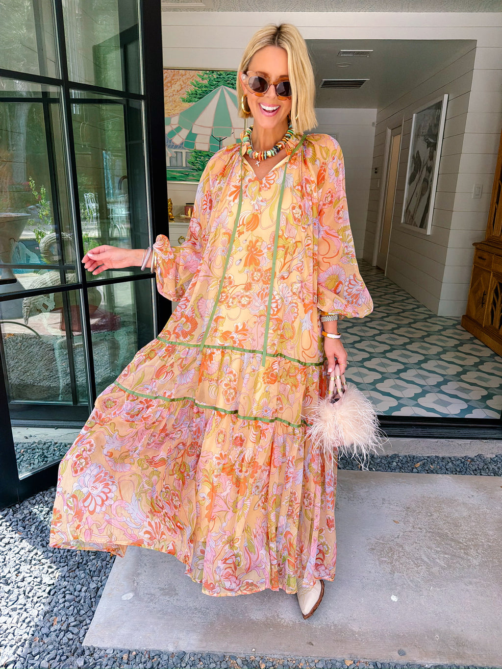 MONET'S GARDEN FLORAL SHEER MIDI DRESS