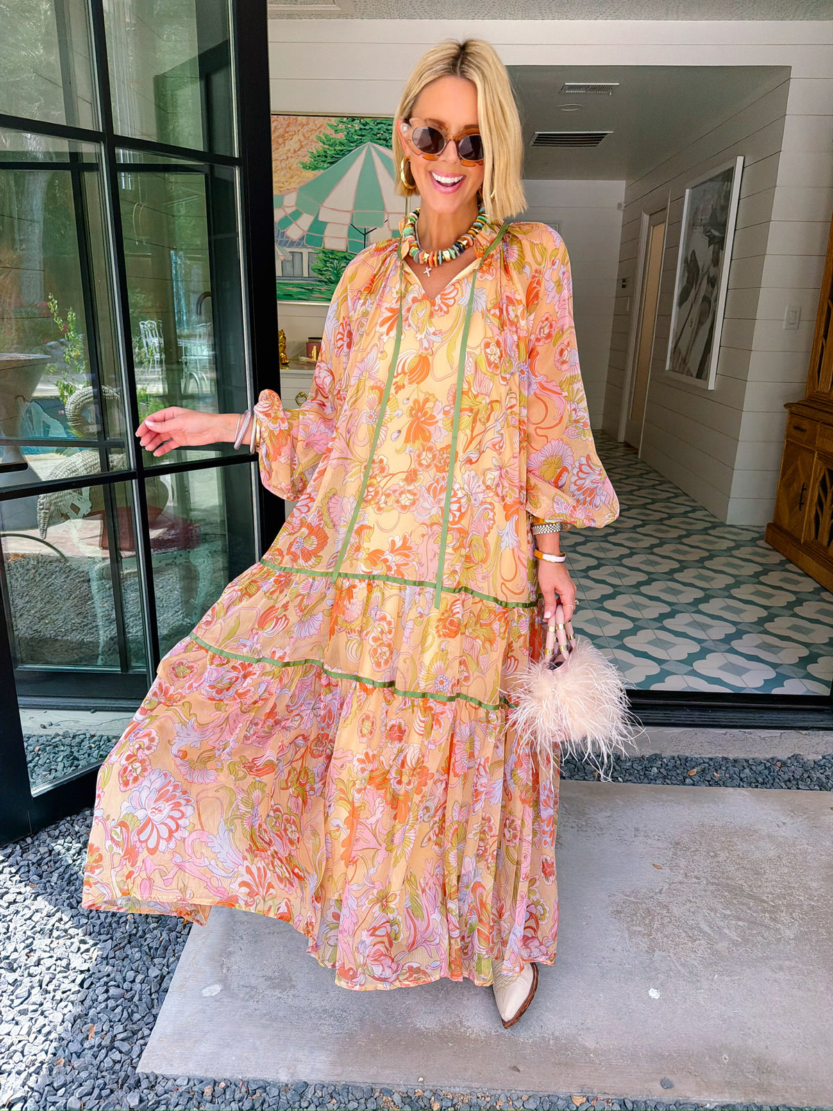 MONET'S GARDEN FLORAL SHEER MIDI DRESS