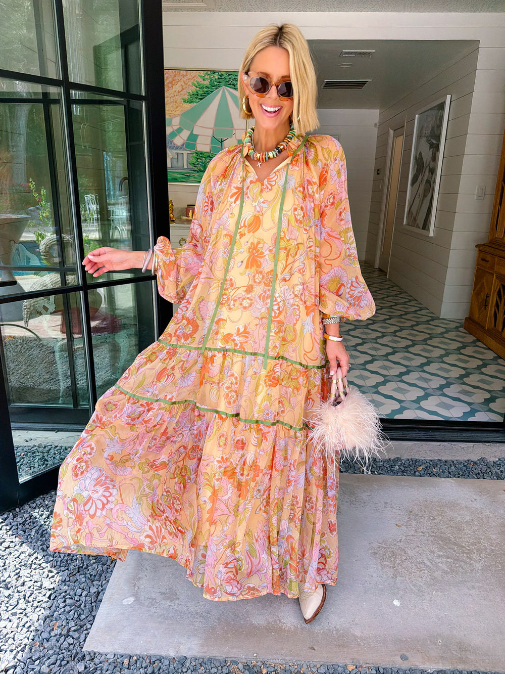 MONET'S GARDEN FLORAL SHEER MIDI DRESS