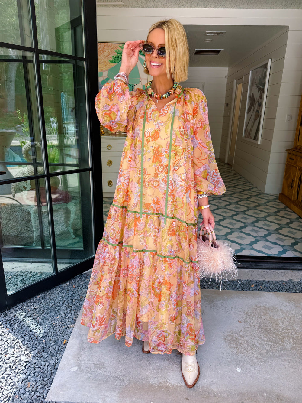 MONET'S GARDEN FLORAL SHEER MIDI DRESS