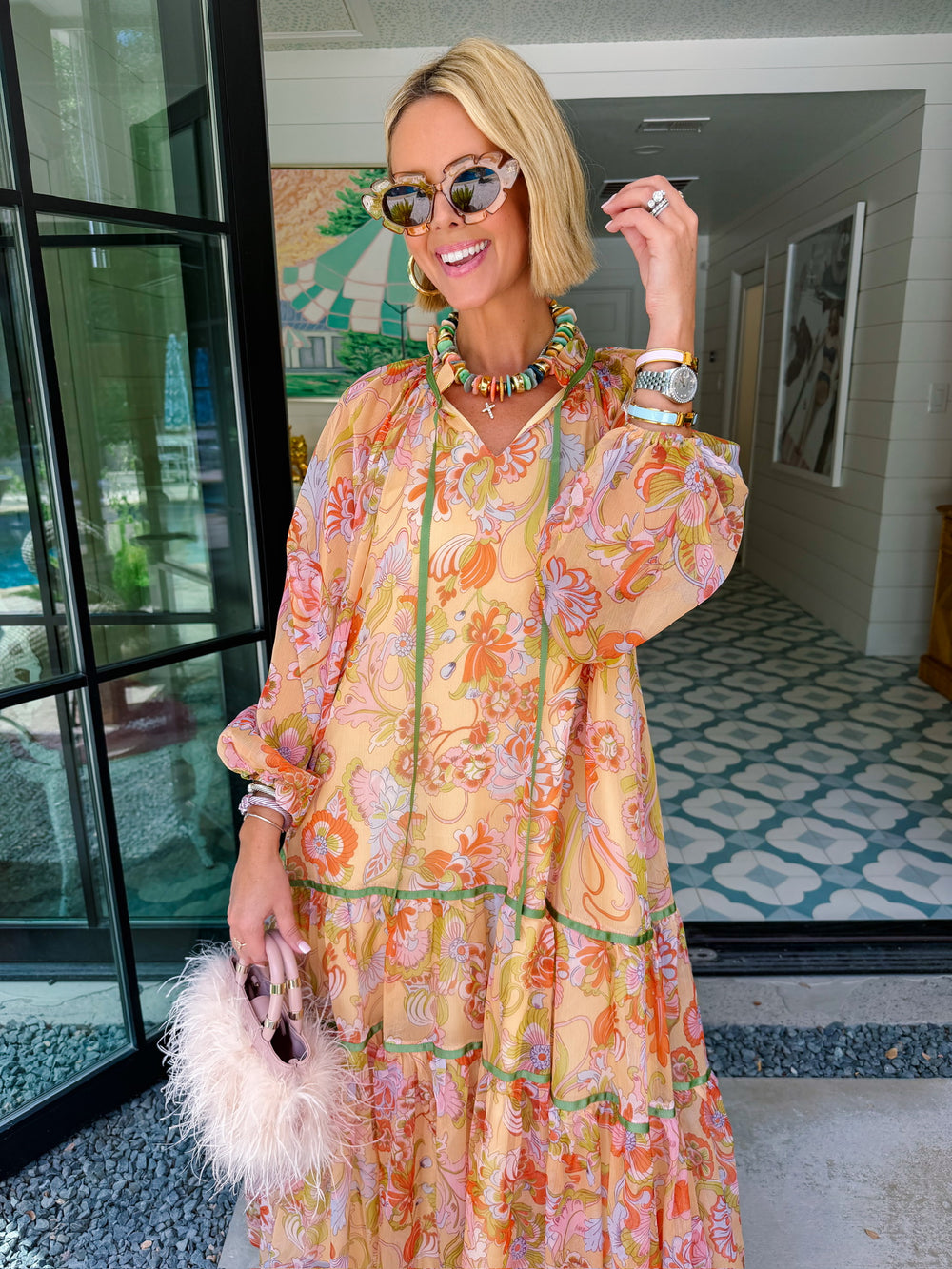 MONET'S GARDEN FLORAL SHEER MIDI DRESS