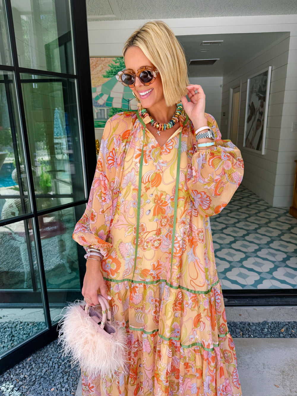 MONET'S GARDEN FLORAL SHEER MIDI DRESS