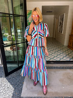 LEADING LADY STRIPE MIDI SKIRT SET - BLUE/PINK