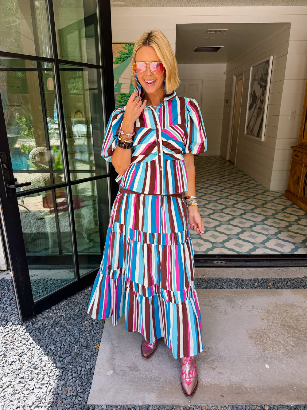 LEADING LADY STRIPE MIDI SKIRT SET - BLUE/PINK