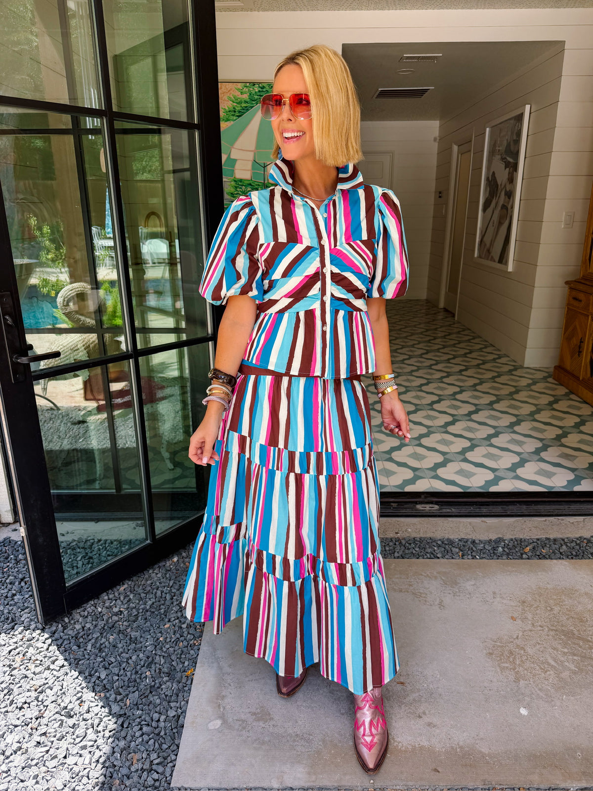 LEADING LADY STRIPE MIDI SKIRT SET - BLUE/PINK