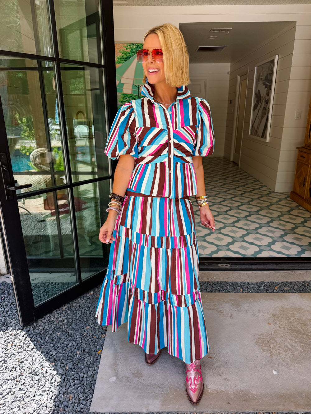 LEADING LADY STRIPE MIDI SKIRT SET - BLUE/PINK