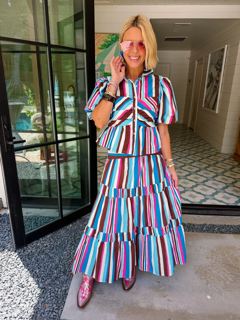 LEADING LADY STRIPE MIDI SKIRT SET - BLUE/PINK