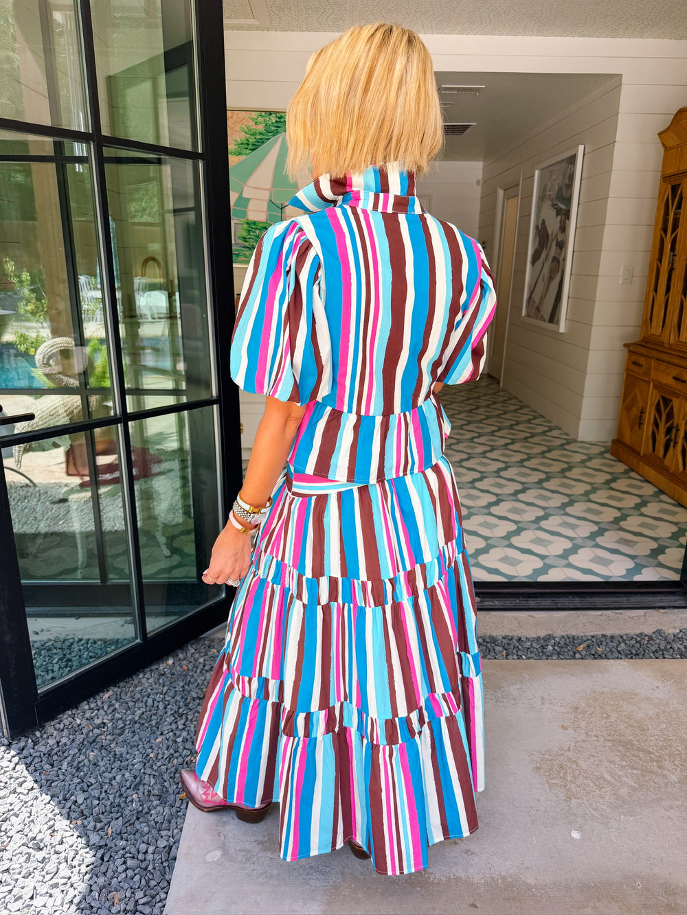 LEADING LADY STRIPE MIDI SKIRT SET - BLUE/PINK