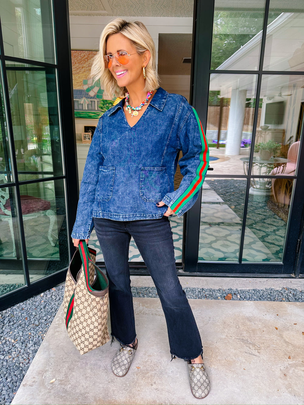 GRANTING GOOD STRIPE SLEEVE DENIM TOP