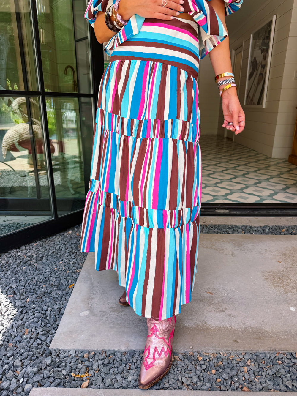 LEADING LADY STRIPE MIDI SKIRT SET - BLUE/PINK