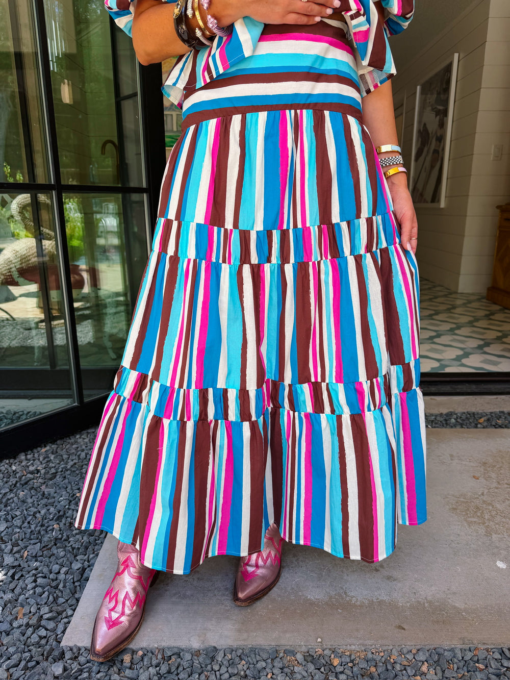 LEADING LADY STRIPE MIDI SKIRT SET - BLUE/PINK