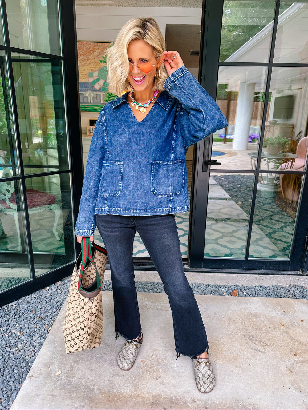 GRANTING GOOD STRIPE SLEEVE DENIM TOP