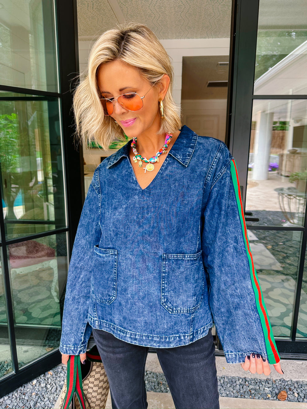 GRANTING GOOD STRIPE SLEEVE DENIM TOP