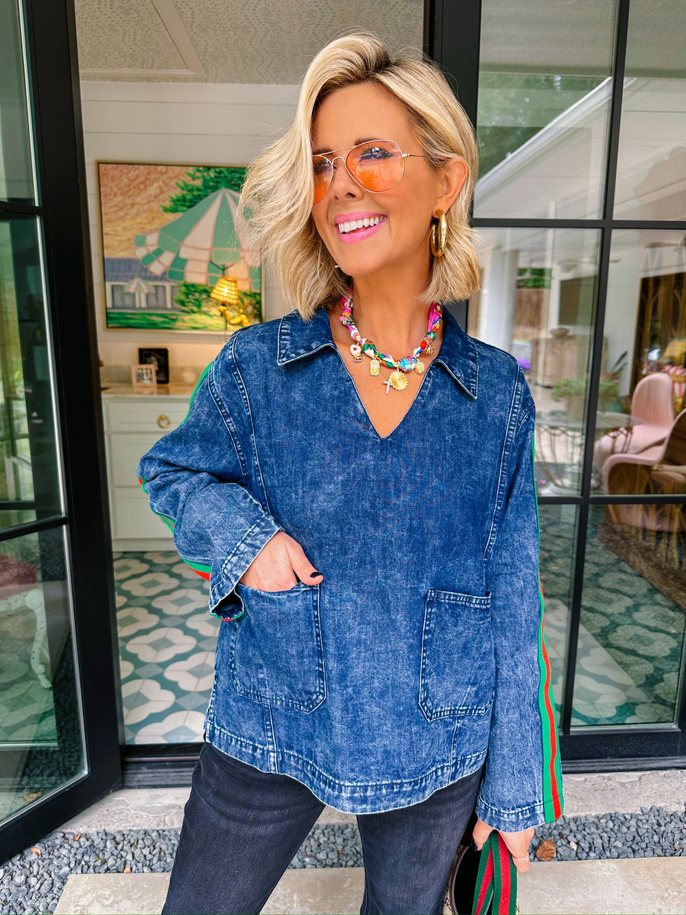 GRANTING GOOD STRIPE SLEEVE DENIM TOP