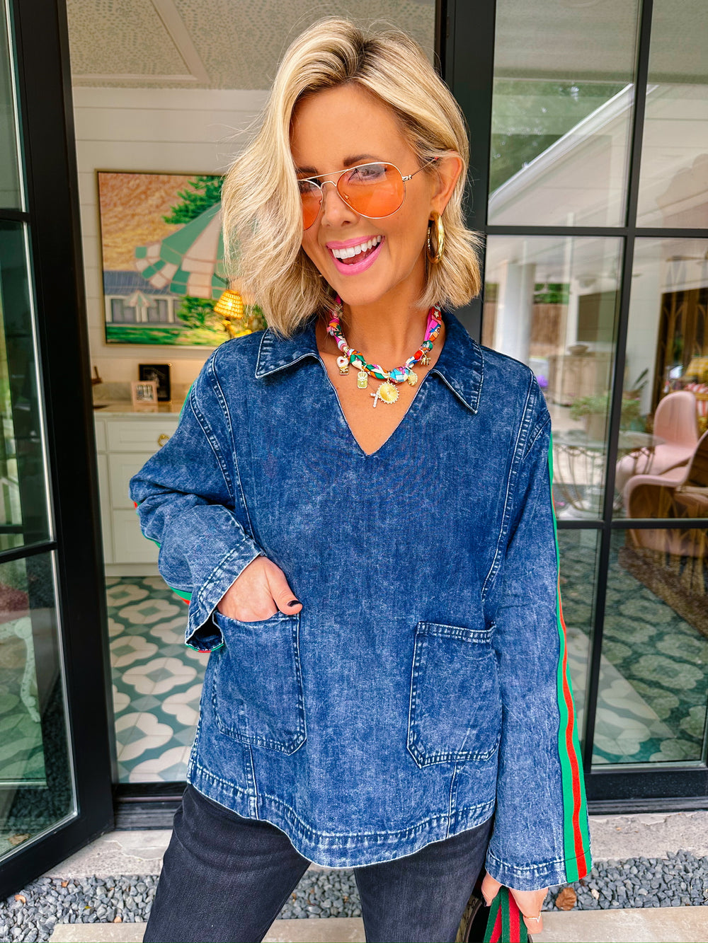 GRANTING GOOD STRIPE SLEEVE DENIM TOP