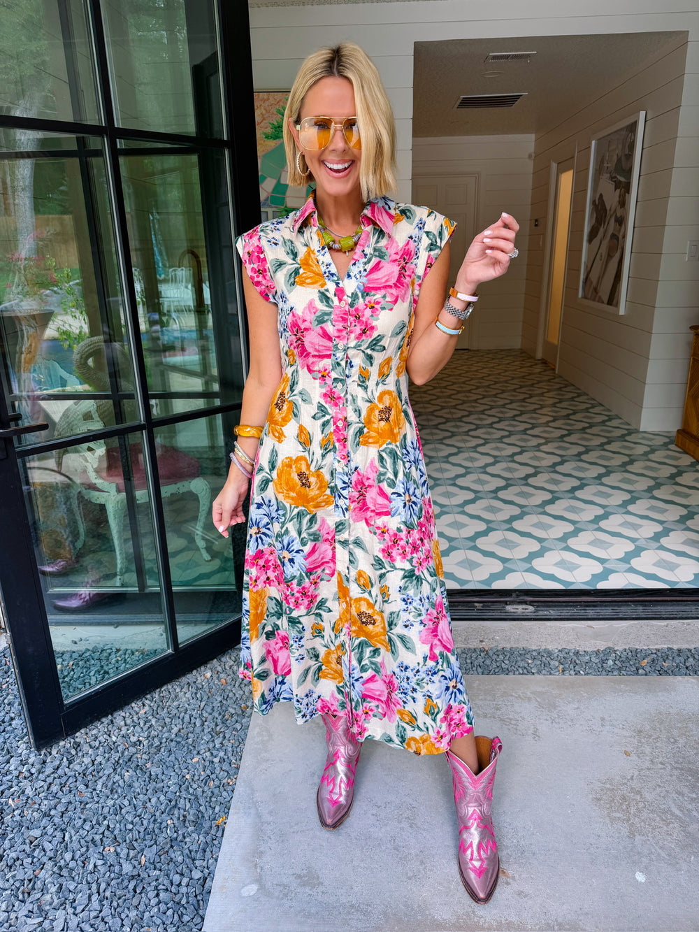 THE SIMPLE TRUTH FLORAL BLOOMS BUTTON UP MIDI DRESS