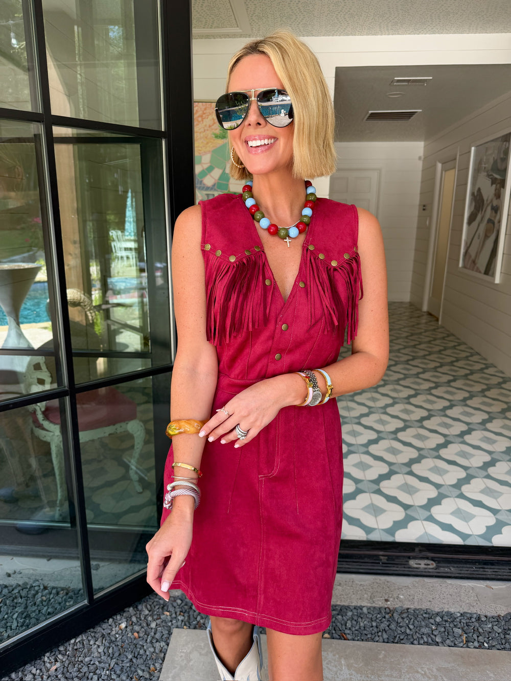 SAVANNAH SUEDE FRINGE DRESS - BURGUNDY