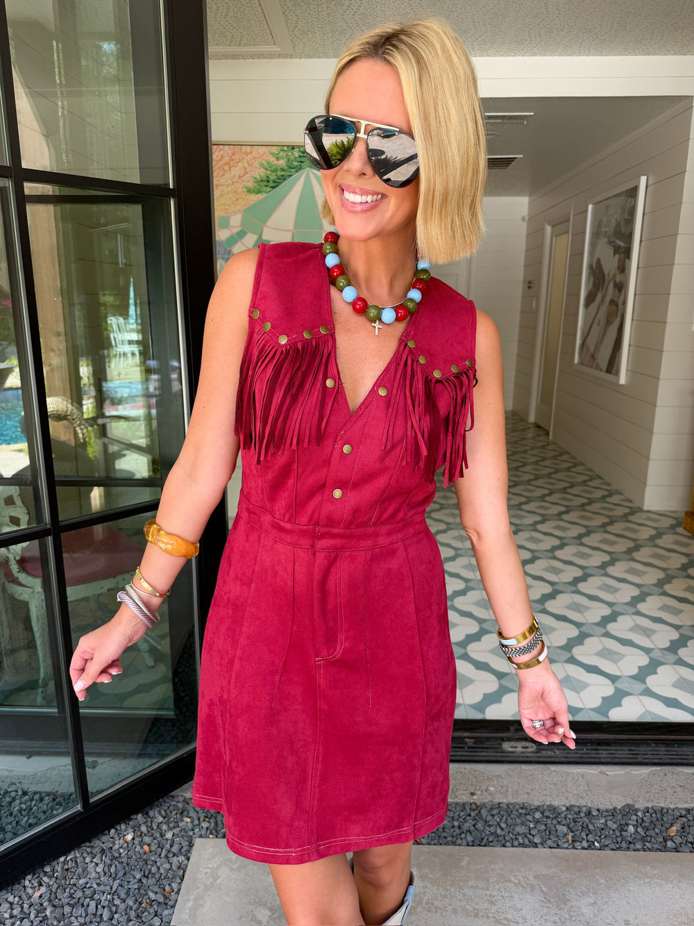 SAVANNAH SUEDE FRINGE DRESS - BURGUNDY