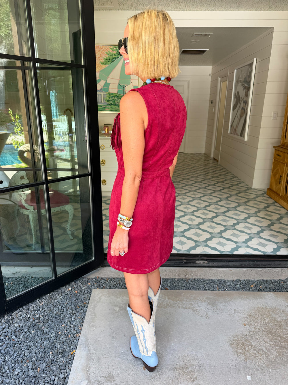 SAVANNAH SUEDE FRINGE DRESS - BURGUNDY