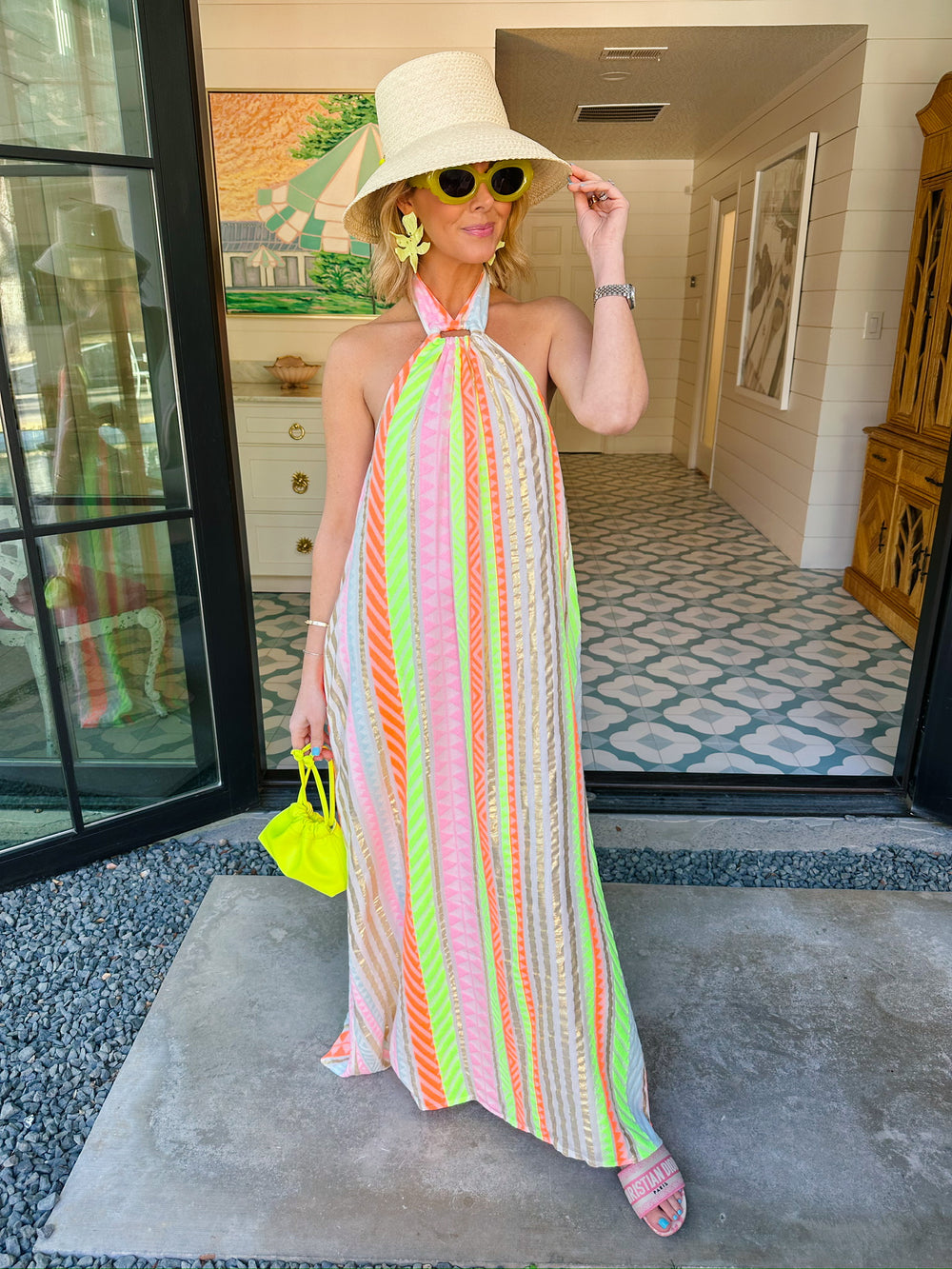 ELECTRIC ELEGANCE HALTER NECK MAXI DRESS