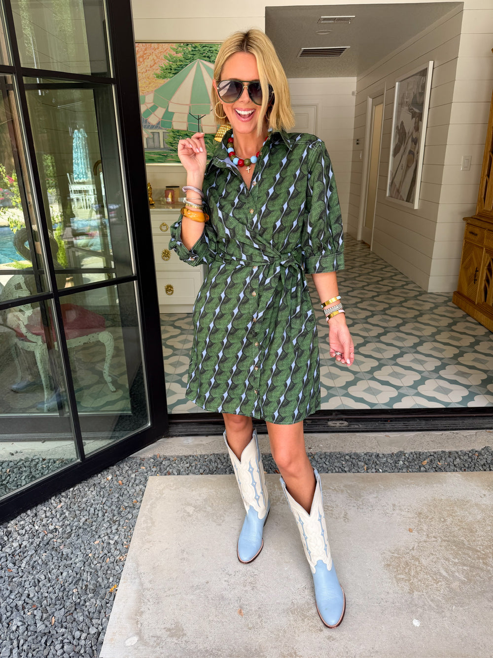 A MATTER OF PERSPECTIVE ABSTRACT SIDE TIE DRESS - GREEN/BLUE