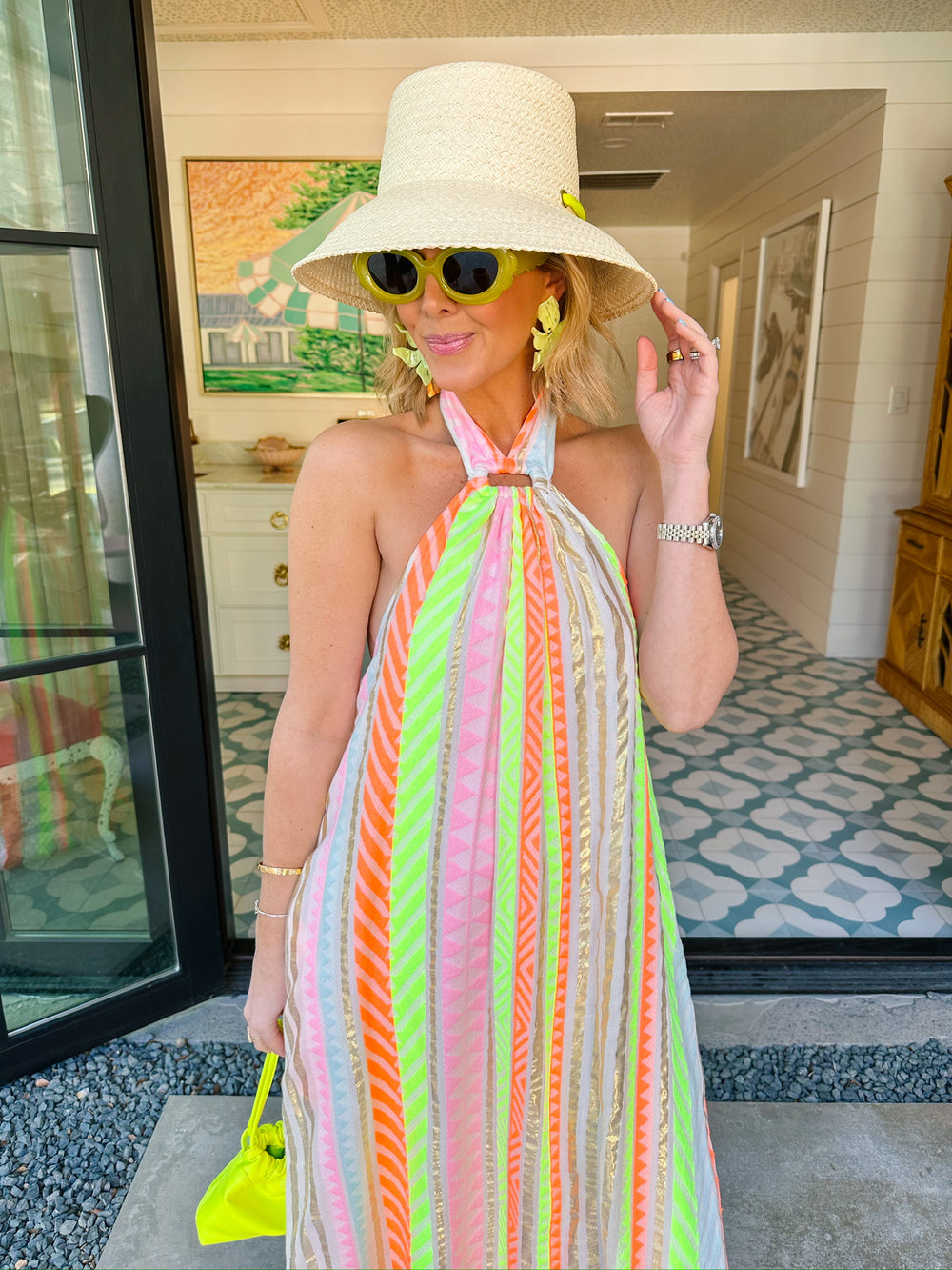 ELECTRIC ELEGANCE HALTER NECK MAXI DRESS