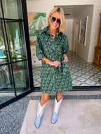 A MATTER OF PERSPECTIVE ABSTRACT SIDE TIE DRESS - GREEN/BLUE