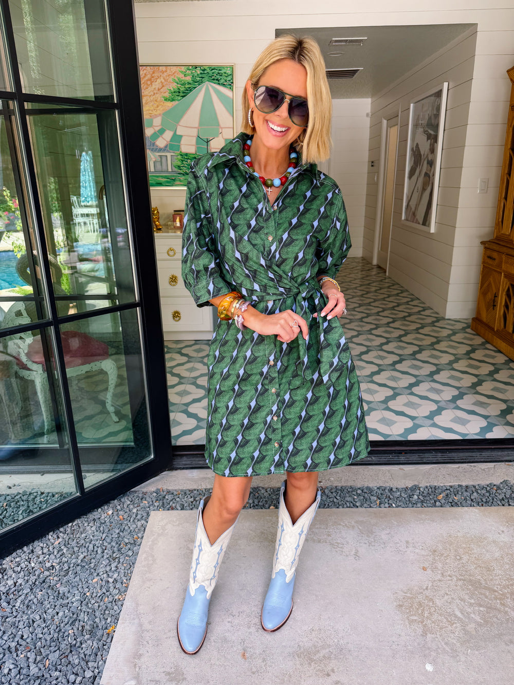 A MATTER OF PERSPECTIVE ABSTRACT SIDE TIE DRESS - GREEN/BLUE