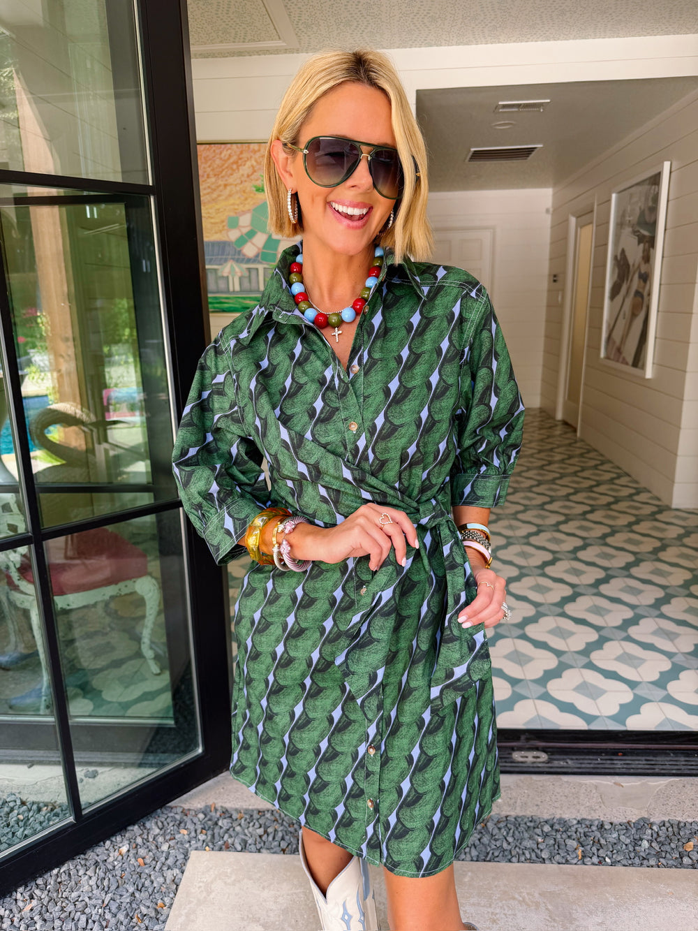 A MATTER OF PERSPECTIVE ABSTRACT SIDE TIE DRESS - GREEN/BLUE