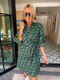A MATTER OF PERSPECTIVE ABSTRACT SIDE TIE DRESS - GREEN/BLUE