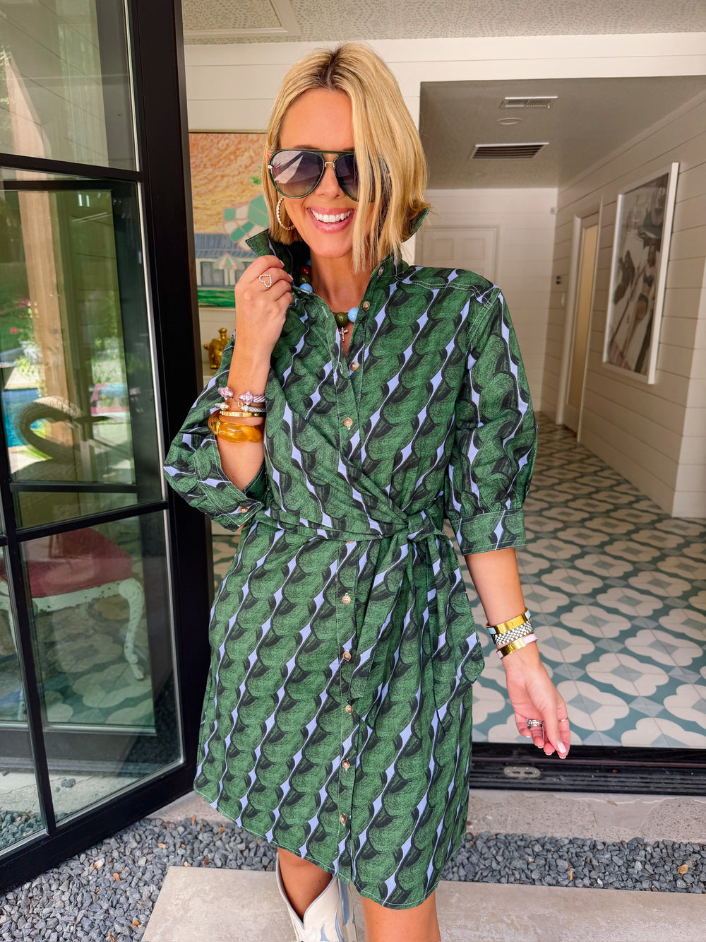 A MATTER OF PERSPECTIVE ABSTRACT SIDE TIE DRESS - GREEN/BLUE