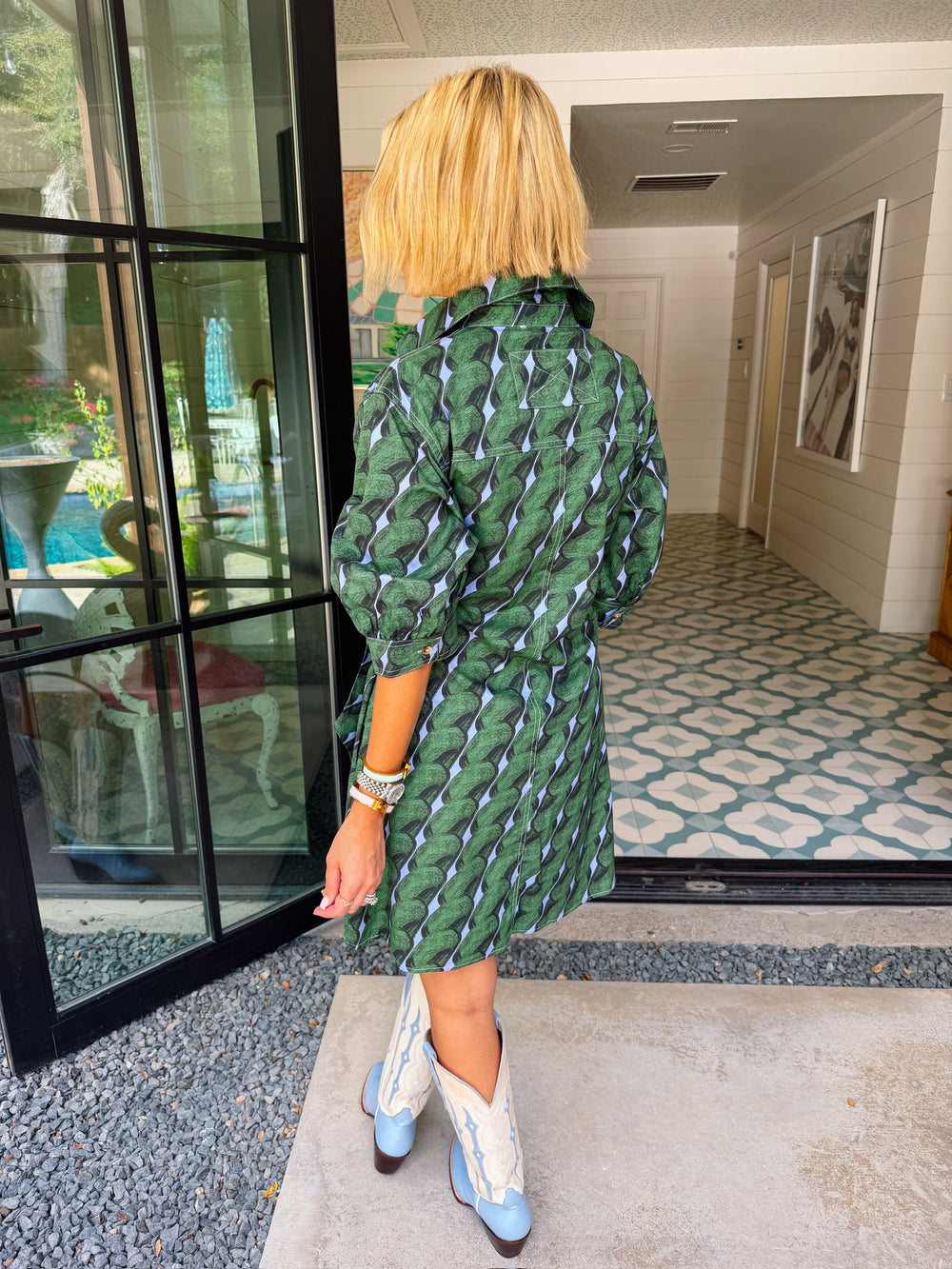 A MATTER OF PERSPECTIVE ABSTRACT SIDE TIE DRESS - GREEN/BLUE