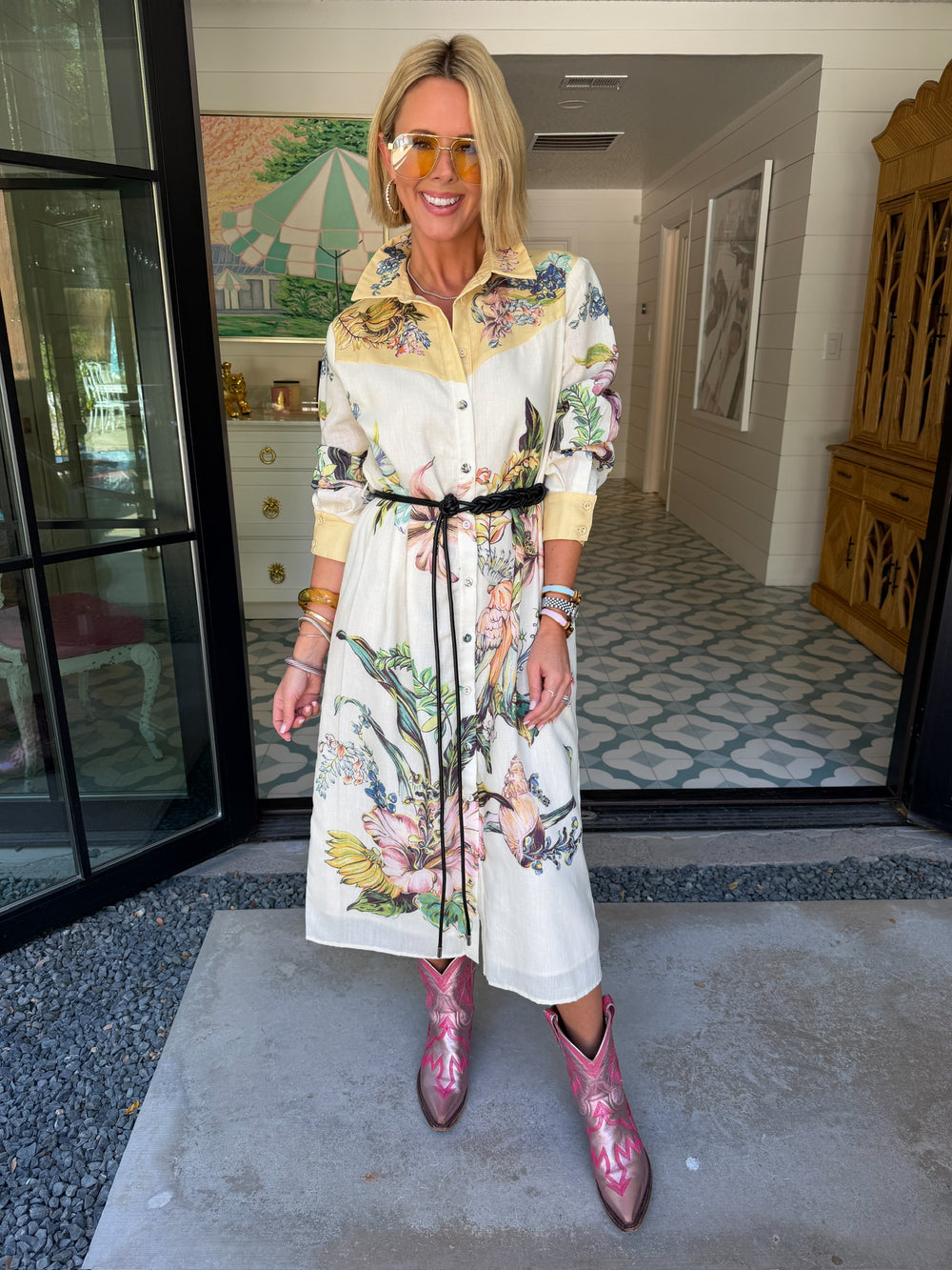 WRAPPED IN FLORALS BUTTON UP BELTED MIDI DRESS