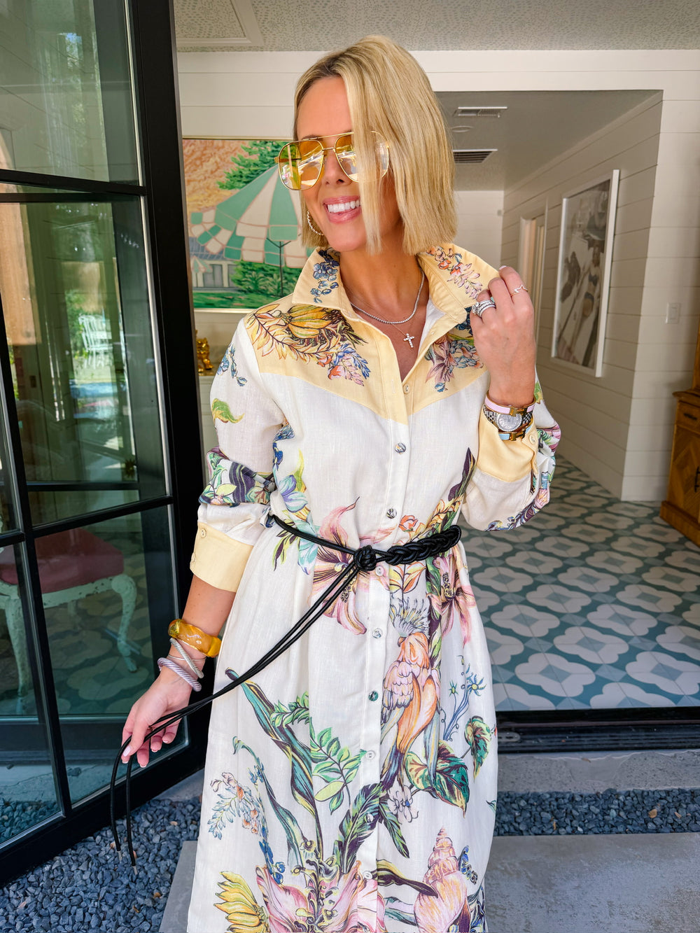 WRAPPED IN FLORALS BUTTON UP BELTED MIDI DRESS