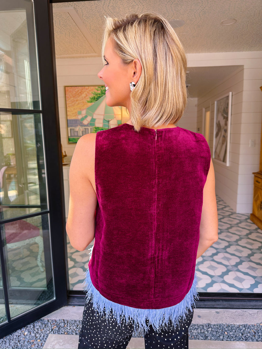 FLIRTY FEATHER SUEDE TOP - BURGUNDY/BLUE