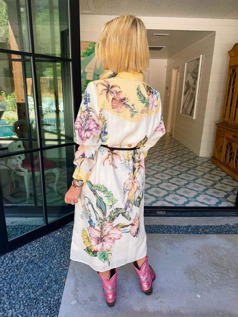 WRAPPED IN FLORALS BUTTON UP BELTED MIDI DRESS