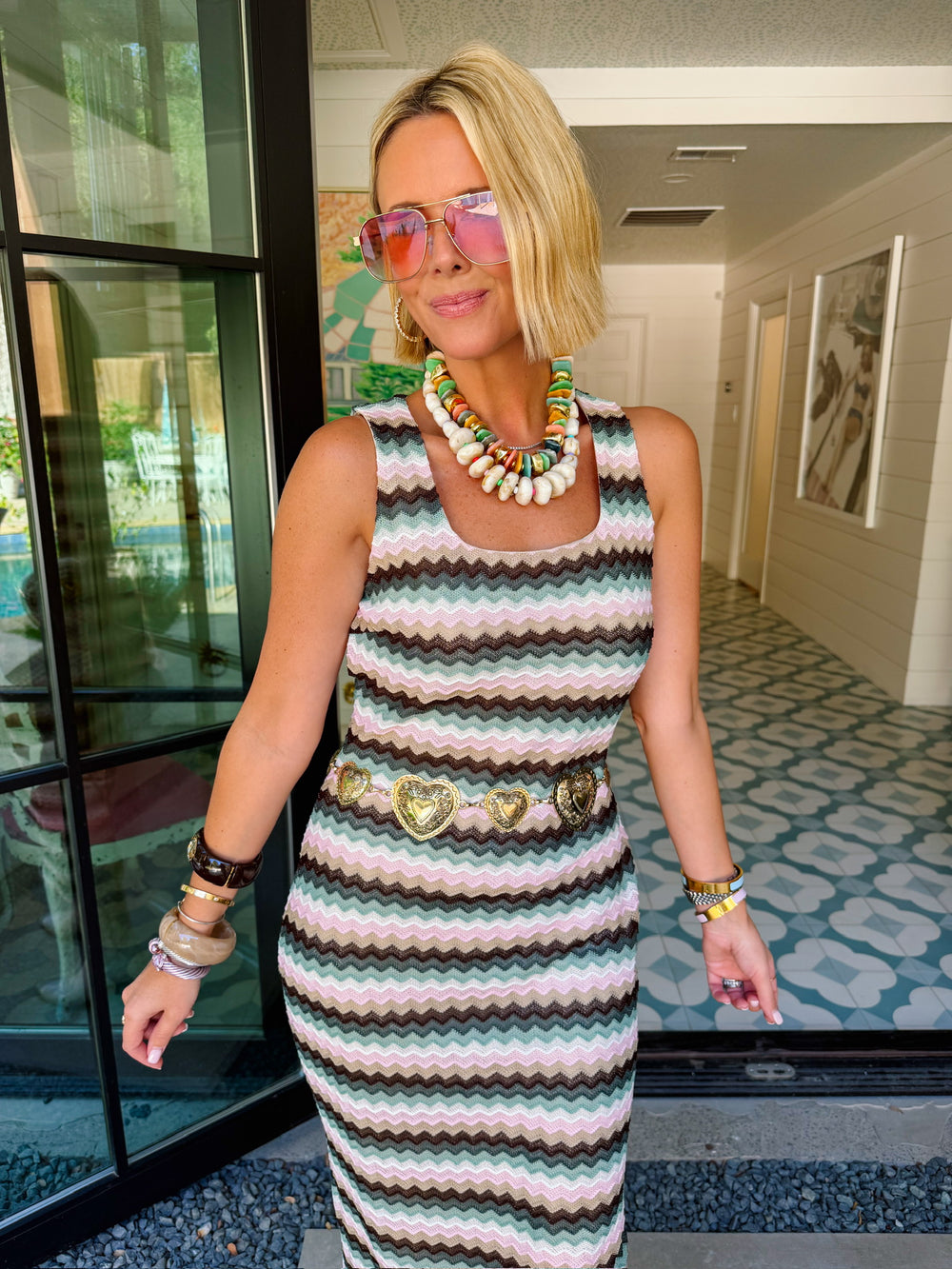 MESMERIZED BY YOU CHEVRON MIDI DRESS - SAGE