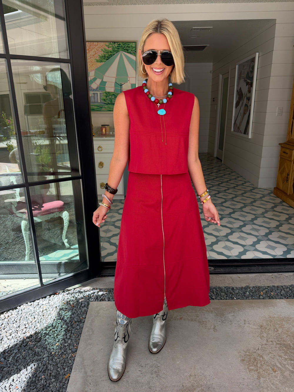 WEEKEND GETAWAY ZIPPER MIDI SKIRT SET - CRIMSON