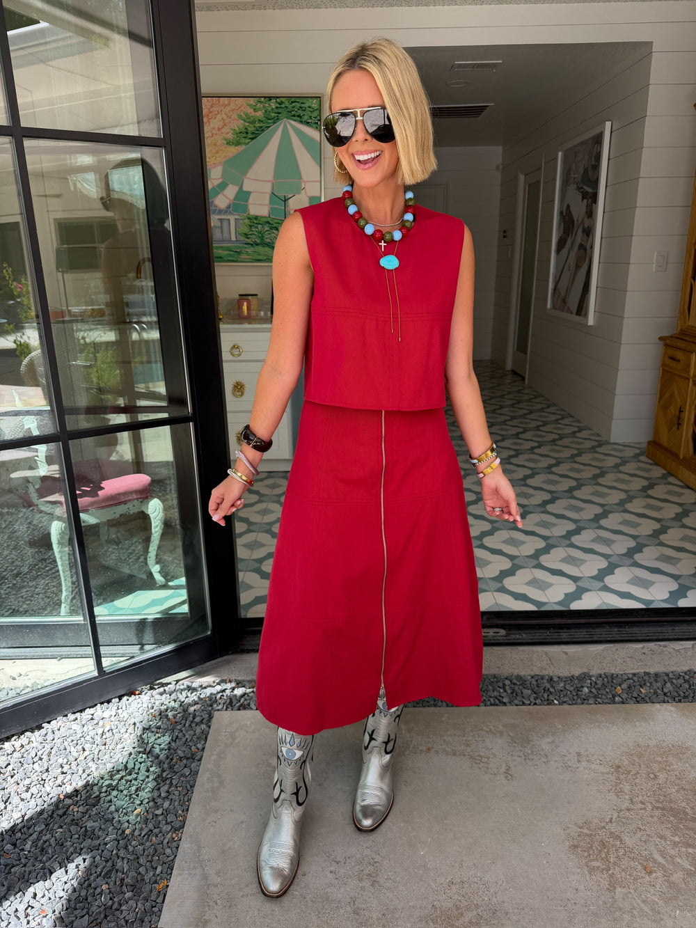 WEEKEND GETAWAY ZIPPER MIDI SKIRT SET - CRIMSON