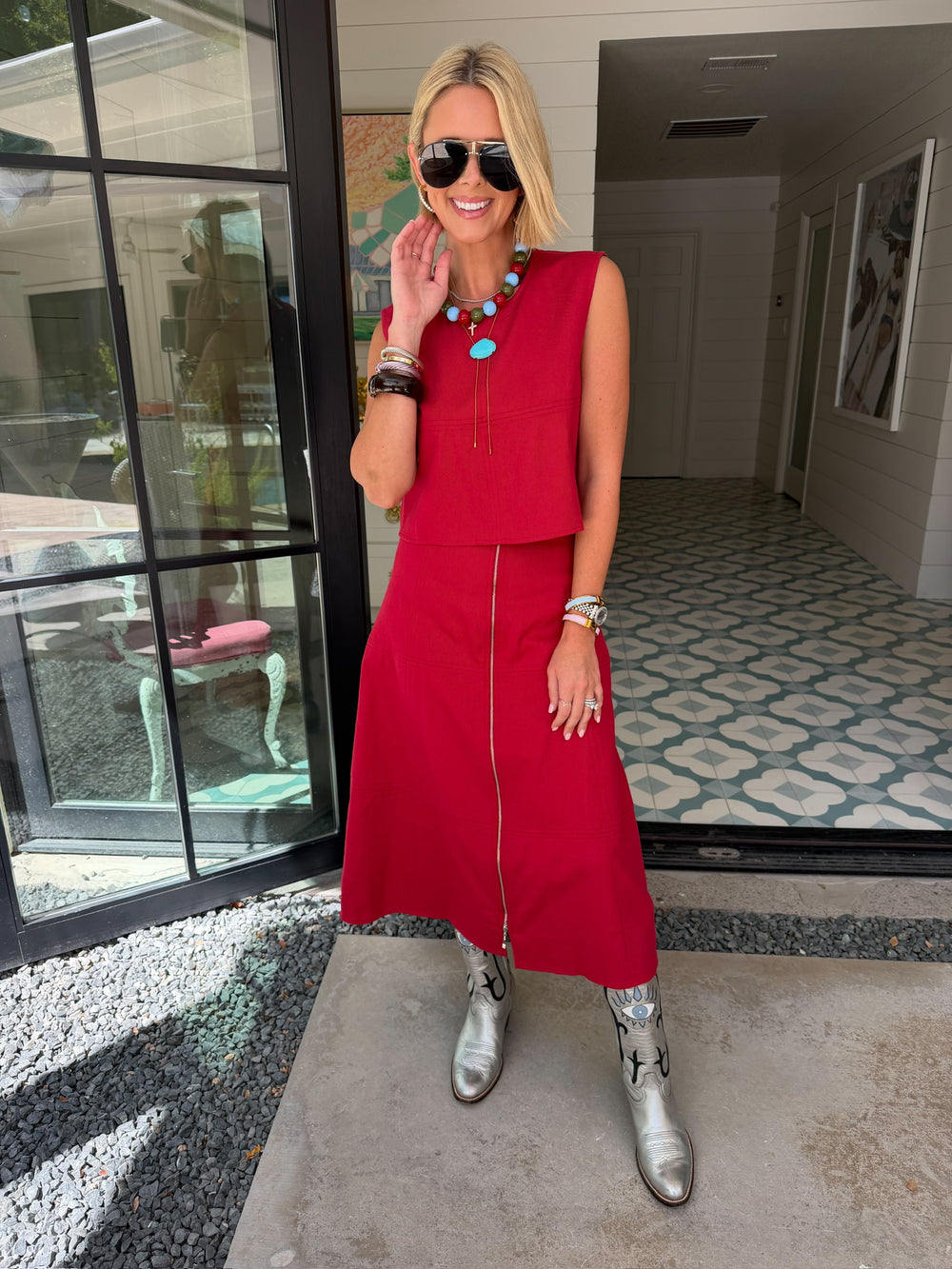 WEEKEND GETAWAY ZIPPER MIDI SKIRT SET - CRIMSON