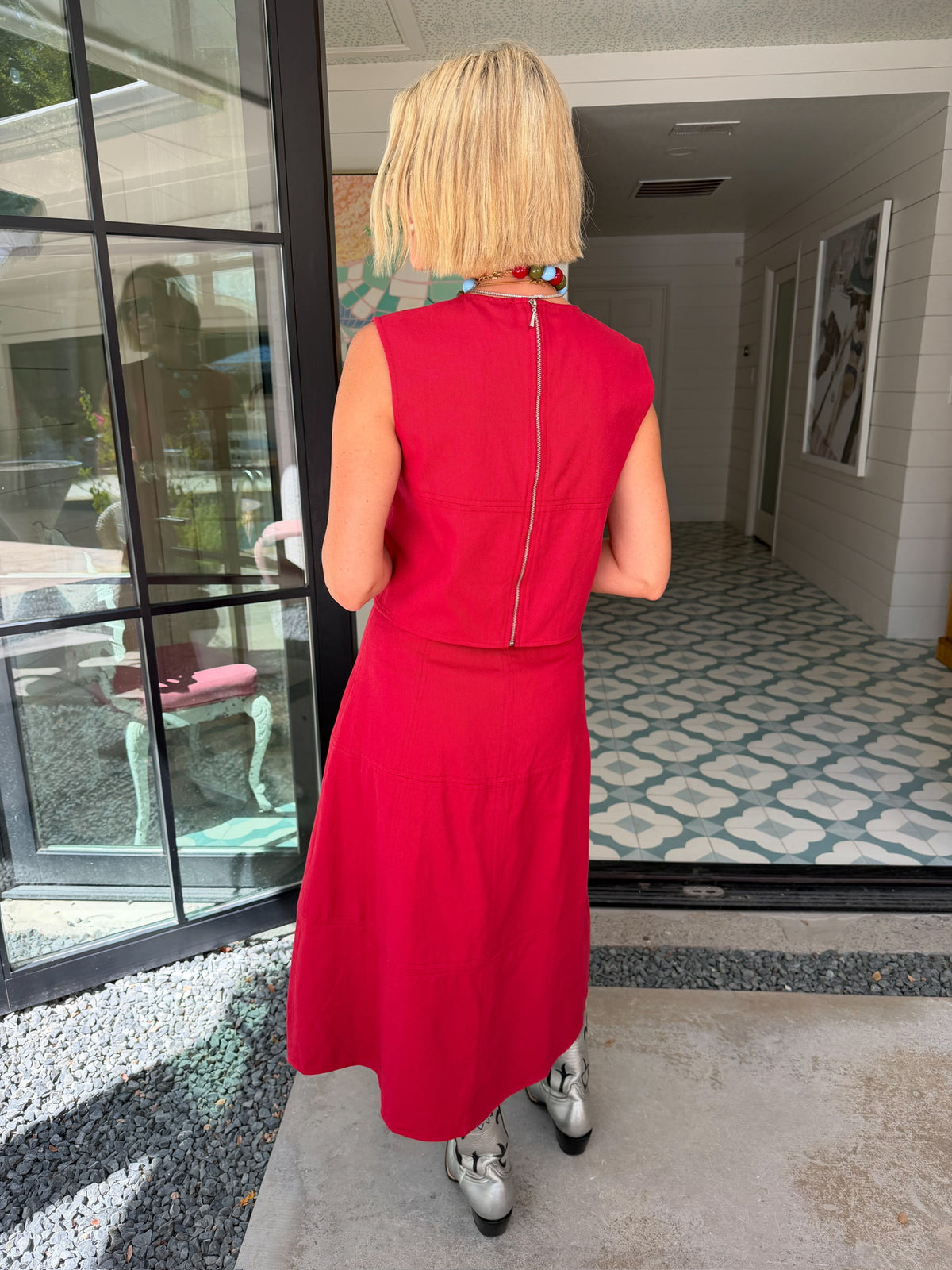 WEEKEND GETAWAY ZIPPER MIDI SKIRT SET - CRIMSON