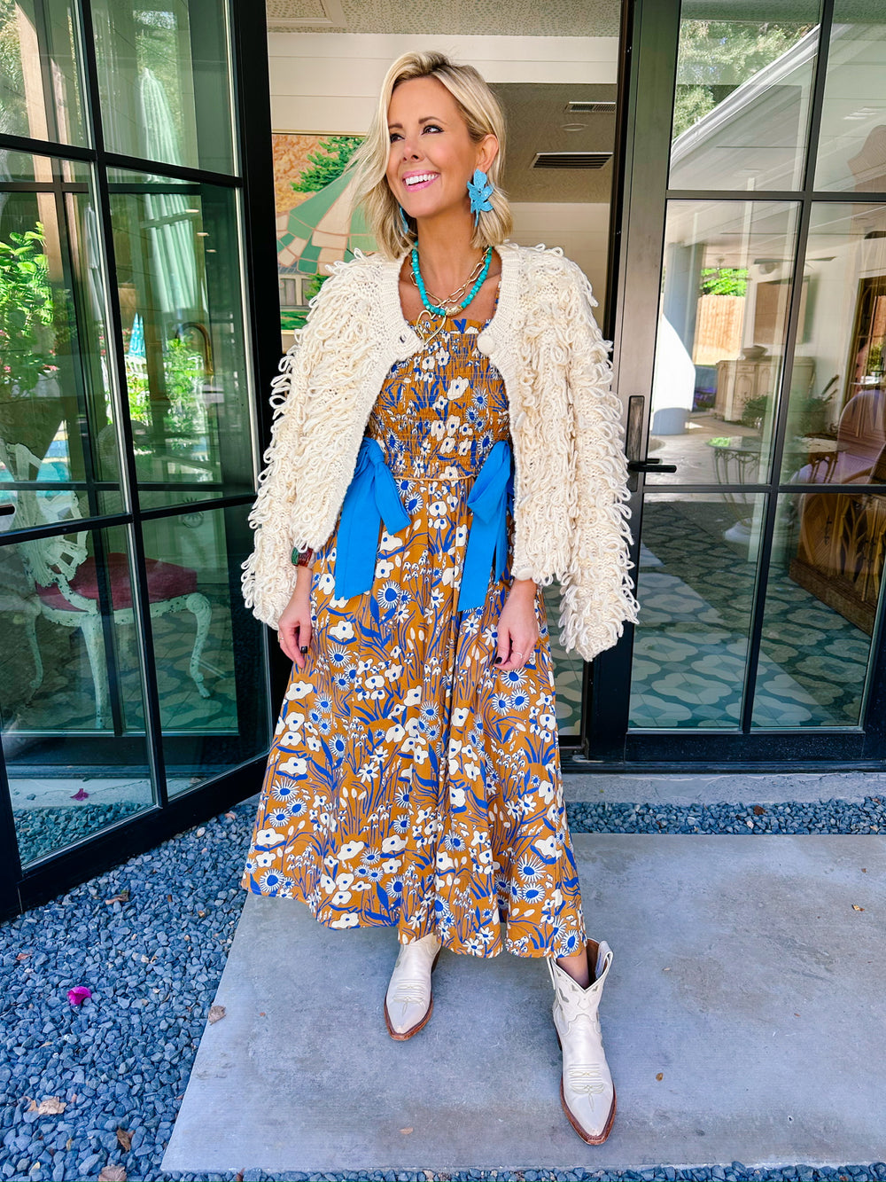 ELOISE FLORAL SMOCKED BOW MIDI DRESS - BROWN