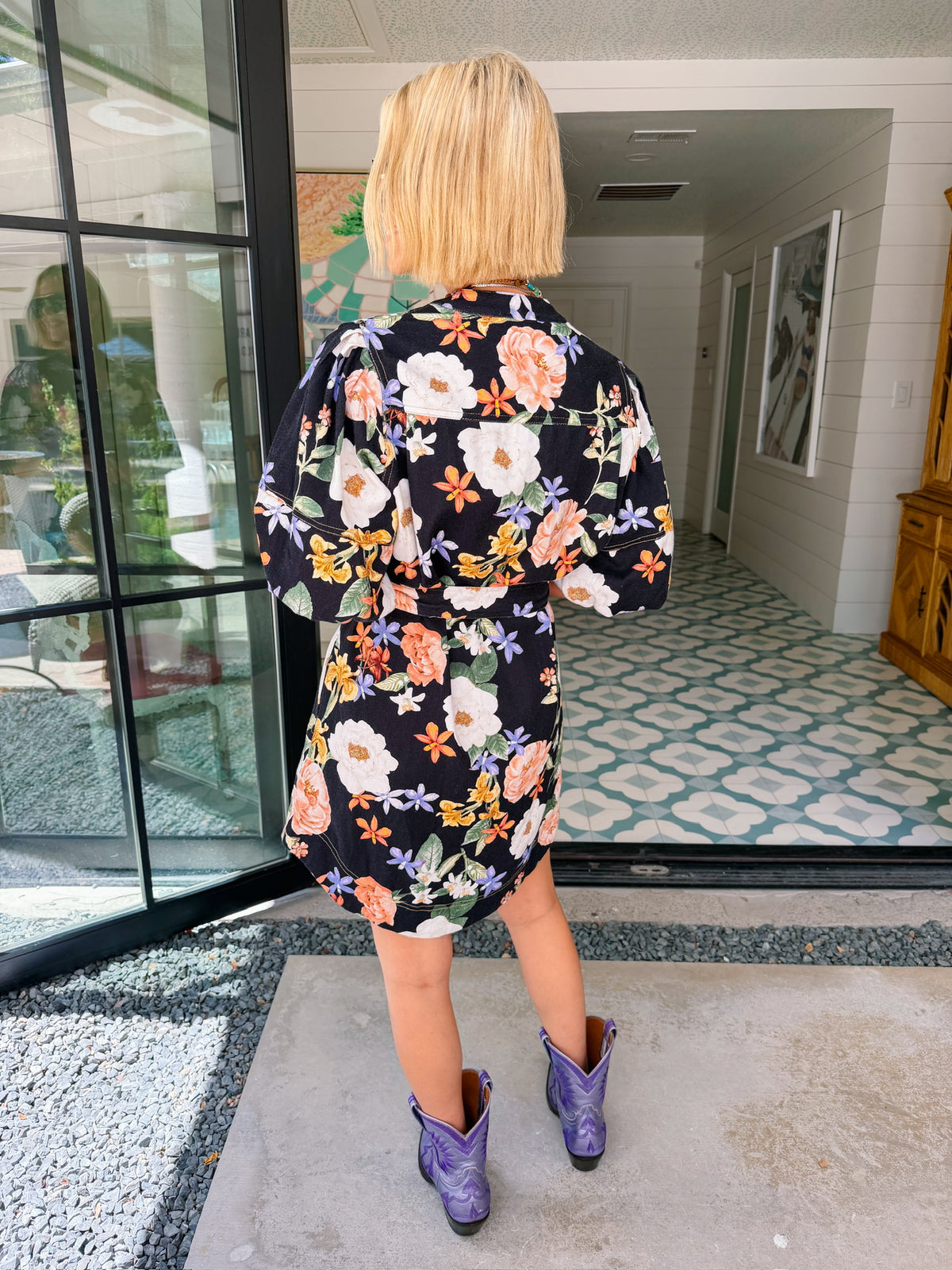 TAKE YOUR PICK FLORAL BUTTON UP DENIM DRESS - BLACK