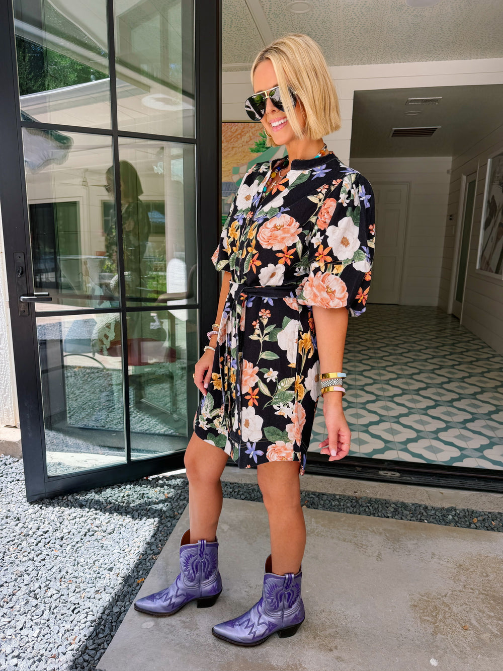 TAKE YOUR PICK FLORAL BUTTON UP DENIM DRESS - BLACK
